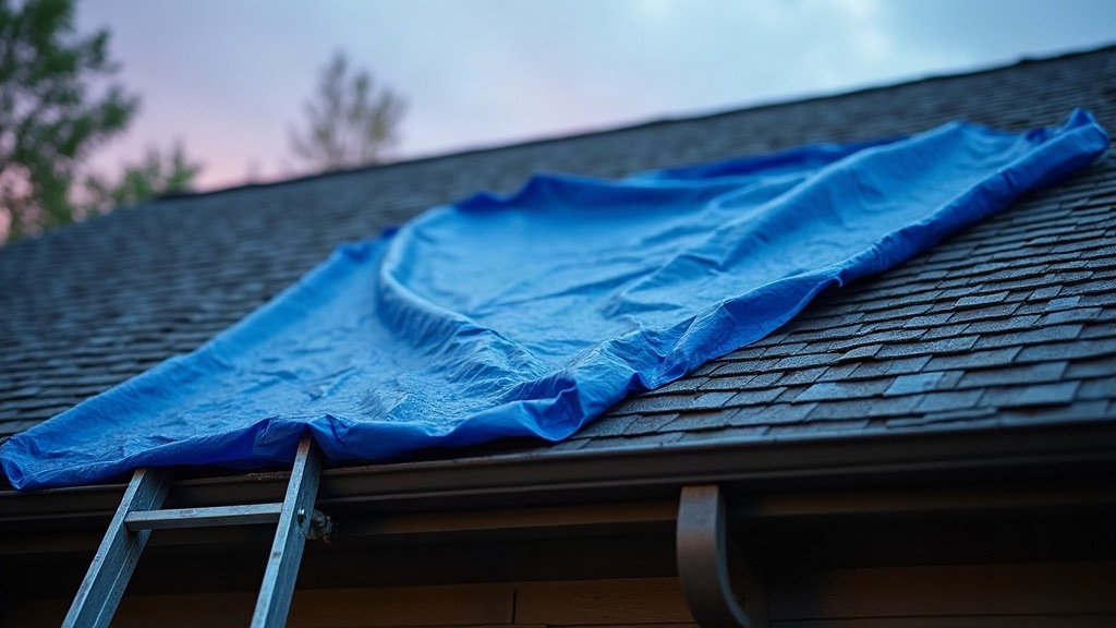 Blue emergency tarp anchored over storm-damaged shingles at dusk in a Denver suburb