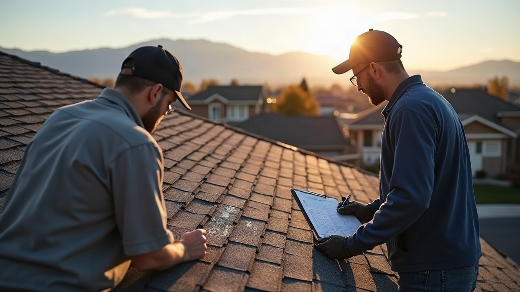 Roofers inspecting hail damage on an asphalt shingle roof in Denver, Colorado, with the Front Range mountains behind