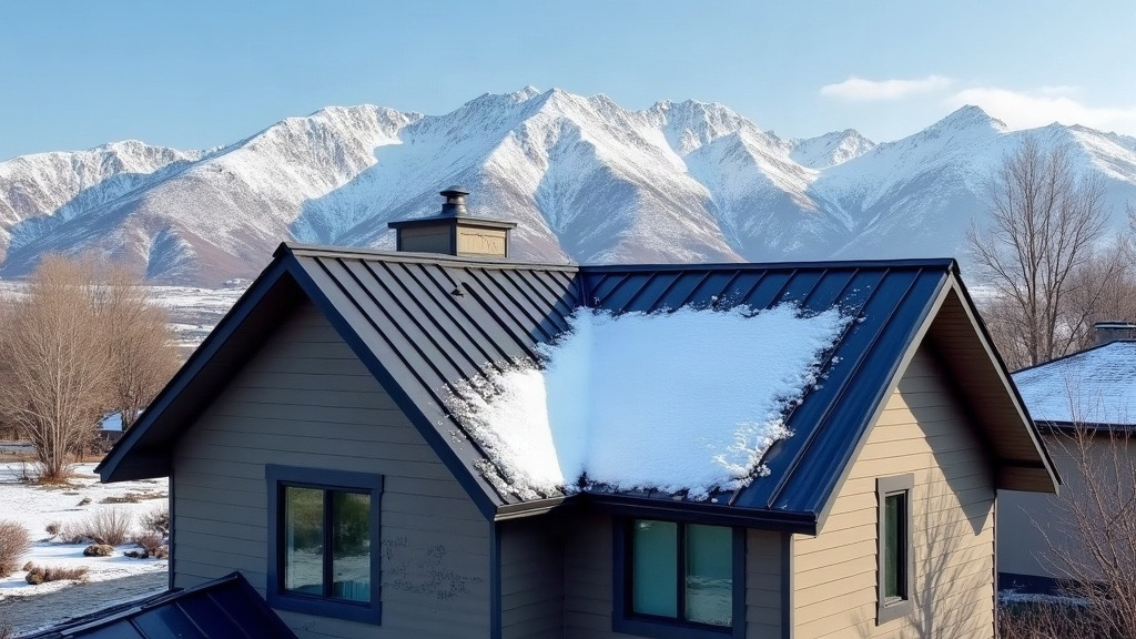 Standing seam metal roof shedding spring snow on a Colorado home with the Rocky Mountains behind