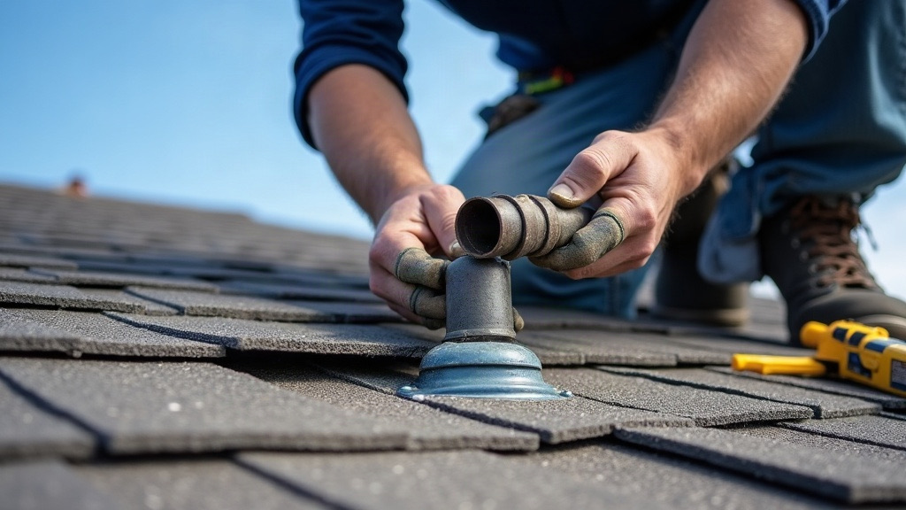 Roofer repairing flashing on a mid-century brick ranch roof in Lakewood, Colorado, west Denver metro