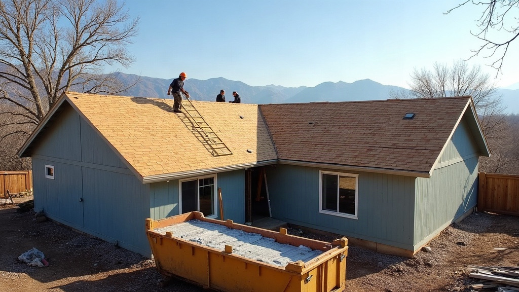 Roof replacement crew tearing off old shingles on a home in Aurora, Colorado, east Denver metro