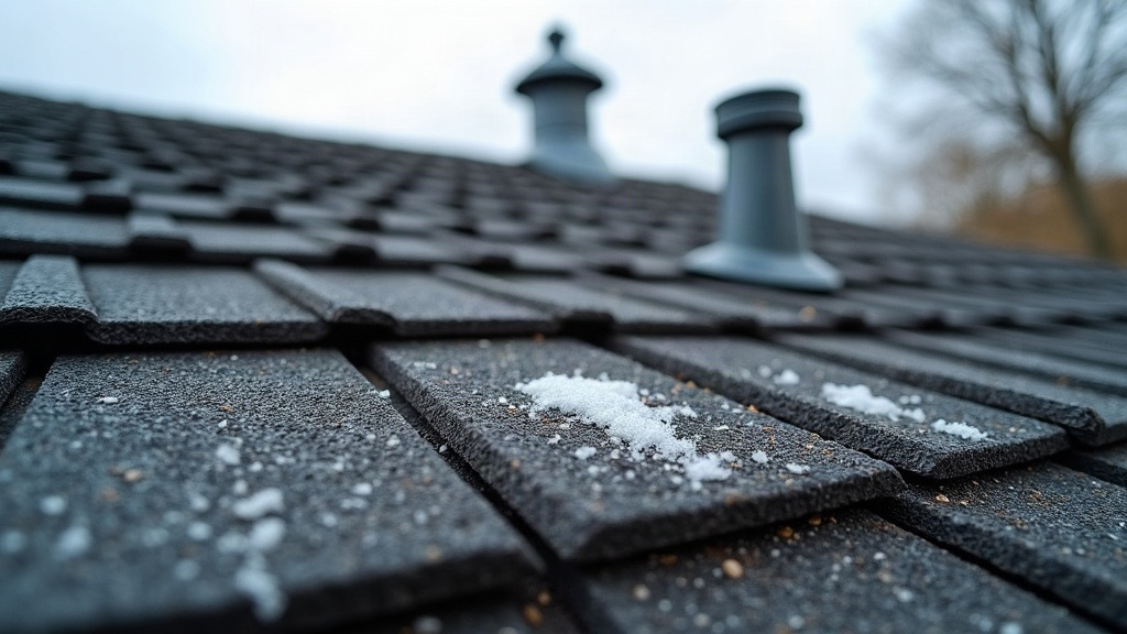 Hail-bruised shingles and dented roof vent after a storm in Westminster, Colorado, north Denver metro